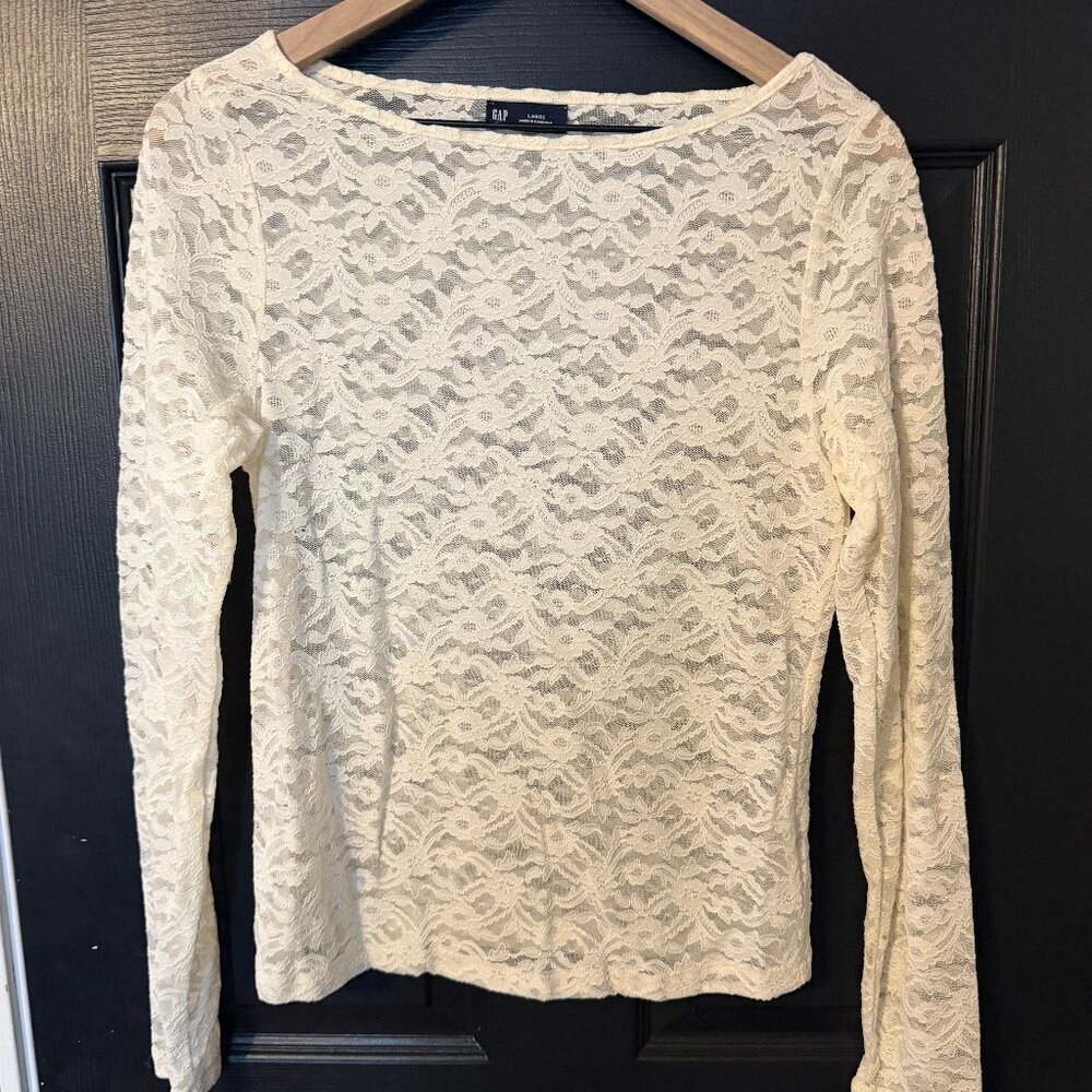 NWOT Gap Longsleeve Lace Crew Neck Top White Cream Large